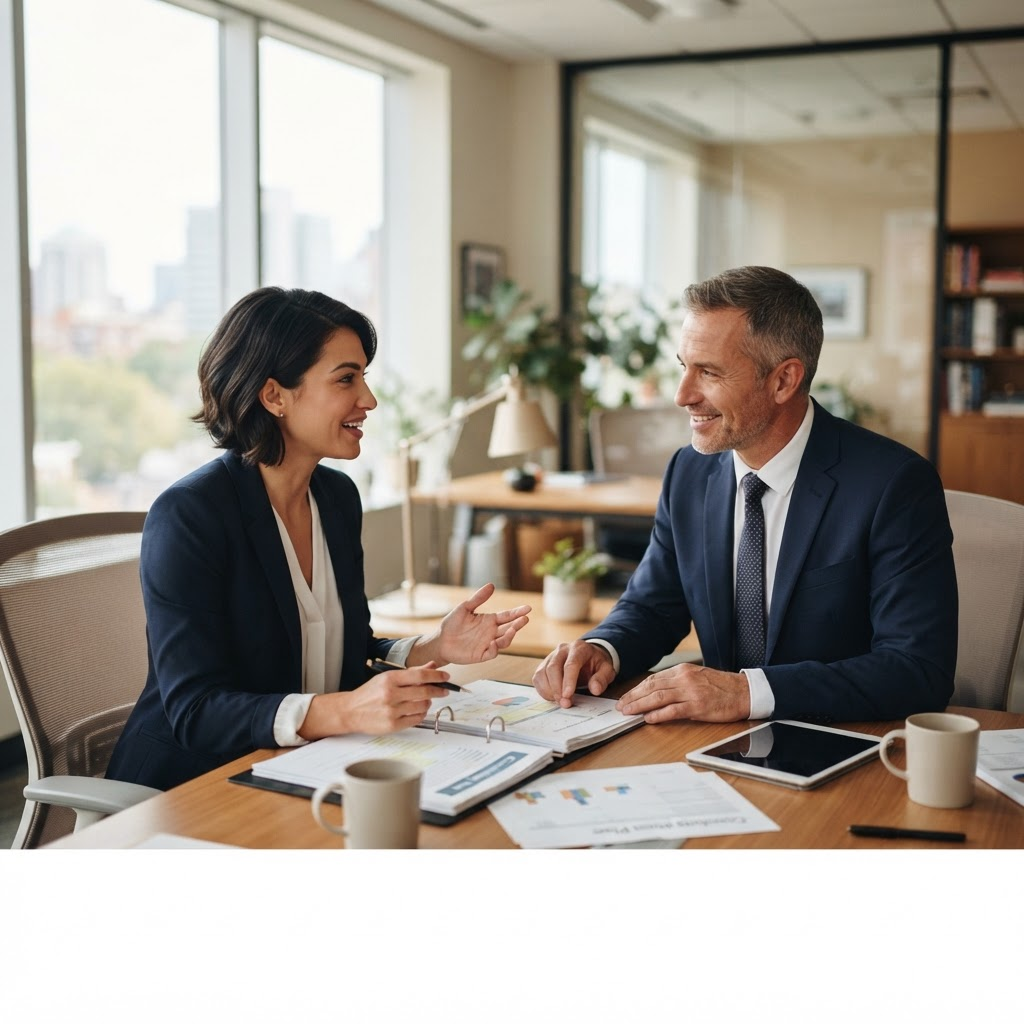 Two professionals discussing financial matters across a desk